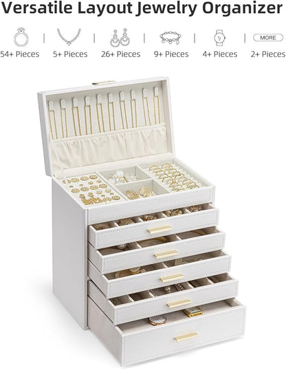 VLANDO 6 Layer Large Jewelry Box - Jewelry Holder Organizer, Jewelry Box Organizer for Drawer Necklace Ring Bracelet and Watch, Birthday Gift for Loved Ones - White