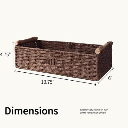 Brown Toilet Basket for Toilet Paper, Wicker Storage Basket with Wooden Handles, Handwoven Paper Rope Toilet Tank Basket, Decorative Basket for Toilet Countertop, Bathroom Baskets for Organizing