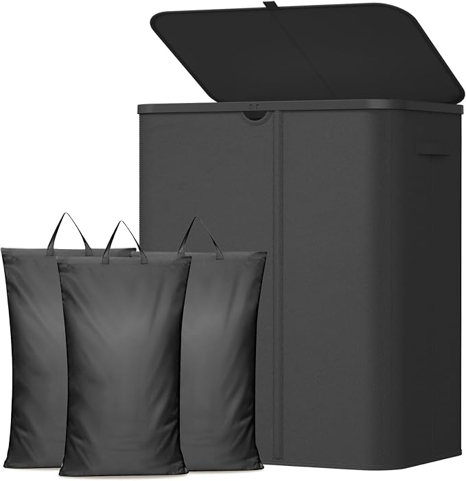Lifewit 185L 3 Section Laundry Hamper with Lid, Large Laundry Basket with Handles and Removable Bags, Tall Clothes Hamper, Foldable Laundry Sorter for Bedroom Bathroom, Black