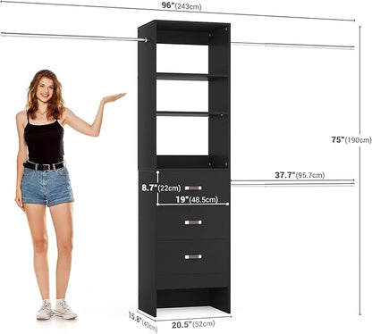 Besiost 96'' Closet Organizer System with 3 Hanging Rods, 8FT Closet Organizers and Storage with 3 Wooden Drawers, Built in Closet Organizer Systems, Adjustable Walk-in Wardrobe from 5-8FT, Black