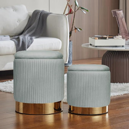 YYW HOME Round Ottoman Storage Set of 2 Velvet Ottoman for Living Room Small Foot Stool Small Coffee Table Vanity Stool with Storage for Bedroom Bedroom (Light Gray)