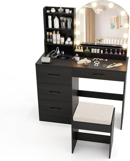 COSTWAY Vanity Desk with Mirror and Lights, Dressing Table with Charging Station, 3 Shelves, 1 Tabletop Storage Organizer, 4 Drawers and Stool, Bedroom Makeup Vanity Set for Girl, Teen, Women (Black)