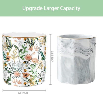 WAVEYU Large Capacity Colored Pen Holder for Desk, Ceramic Pencil Holder Pen Cup Marker Holder Makeup Brush Holders, Desk Accessories & Workspace Organizers for Home, Office, White Flower