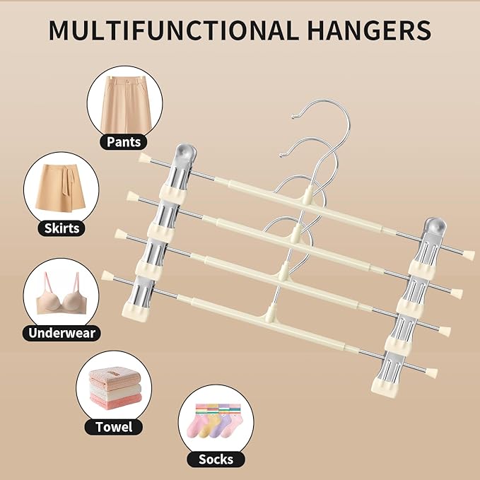 60PACK 14Inch Pants Hangers with Clips Adjustable Skirt Hangers for Women Black Metal Non-Slip Trousers Hanger Heavy Duty Space Saving Clothes Hanger for Shorts,Jeans,Lvory