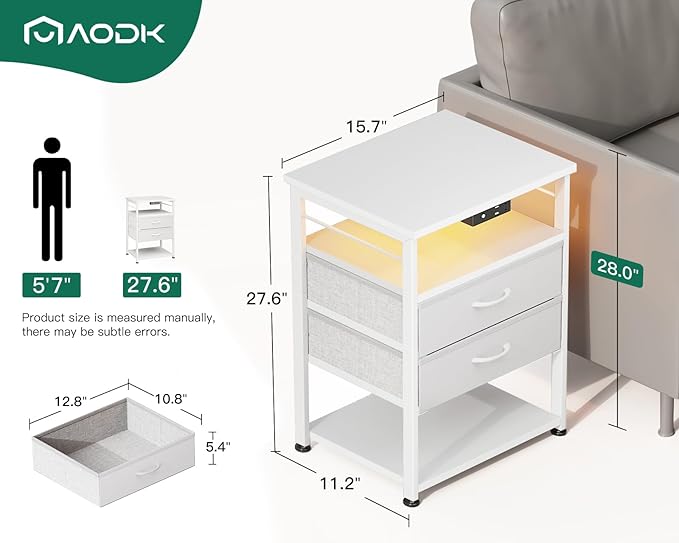 AODK Night Stand with Charging Station, End Table for Bedroom Tall Nightstand with Drawers, Small Nightstand for Bedroom, 4 Tier Storage Bedside Table, White