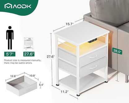 AODK Night Stand with Charging Station, End Table for Bedroom Tall Nightstand with Drawers, Small Nightstand for Bedroom, 4 Tier Storage Bedside Table, White