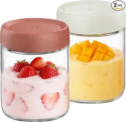 16oz Overnight Oats Containers with full Lids - 2 Pack size Bulk Glass Jar, Meal Prep Jars for Yogurt, Salad, Smoothies, Reusable Storage appliance Containers (Leakproof, Dishwasher & Freezer Safe)