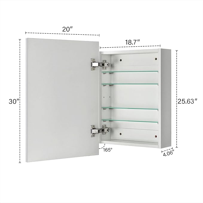 TEHOME 20'' x 30'' Chrome Recessed and Surface Mount Bathroom Medicine Cabinet with Mirror Square Cornered Metal Framed Rounded Rectangle Medicine Cabinet Mirror