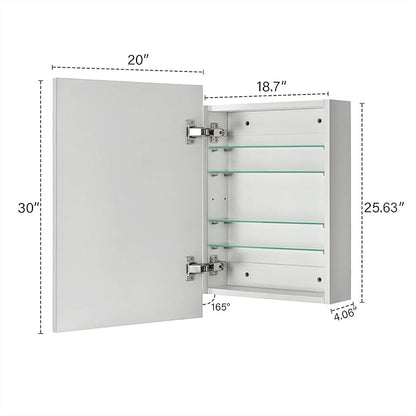TEHOME 20'' x 30'' Chrome Recessed and Surface Mount Bathroom Medicine Cabinet with Mirror Square Cornered Metal Framed Rounded Rectangle Medicine Cabinet Mirror