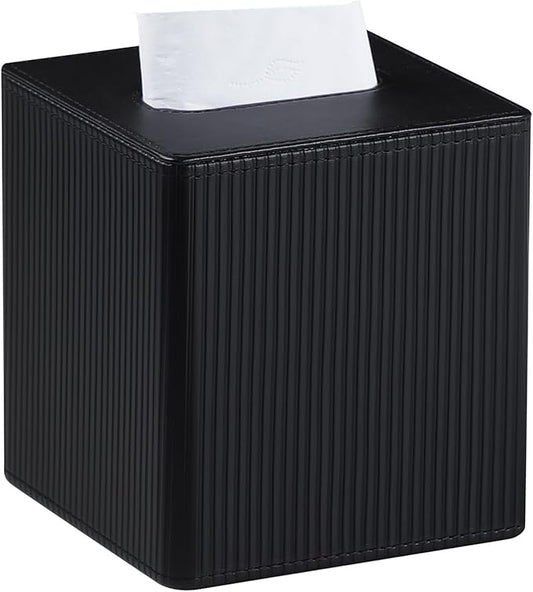 Tissue Box Cover Square with Magnetic Closure, PU Leather Tissue Box Holder for Bathroom NightStands Livingroom, Decorative Modern Square Tissue Holder (Black)