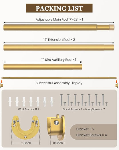 Heavy Duty Closet Rod, 17-69 IN Closet Rods for Hanging Clothes, Gold | Stepless Adjustable, Supports up to 66 lbs, Multiple Size Options, Easy Installation, Multi Purpose , Wall-Mounted