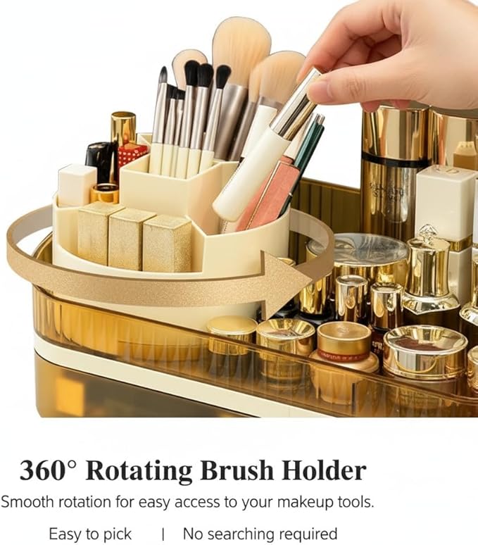 Makeup Organizer Countertop with Dual Drawers, Large Capacity Cosmetic Storage for Vanity Bathroom Skincare, 360° Rotating Makeup Brush Holder