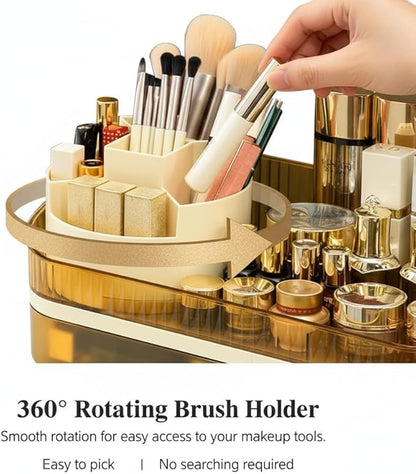 Makeup Organizer Countertop with Dual Drawers, Large Capacity Cosmetic Storage for Vanity Bathroom Skincare, 360° Rotating Makeup Brush Holder