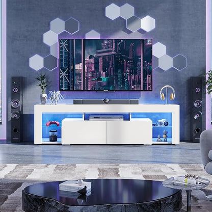 WLIVE TV Stand for 70 65 60 Inch TV, Modern Entertainment Center with LED Lights & 2 Large Storage Drawers, Wood TV Console for Living Room, Bedroom(White)