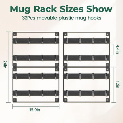 EsLuker.ly Mug Holder Hanger Rack Wall Mounted Wooden 4 Pack Coffee Cup Storage Organizer Display Shelf with 32 Movable Plastic Hooks, Ideal for Mug Collectors, Black