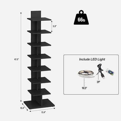 TUTOTAK Narrow Bookshelf, 8-Tier Bookcase with LED Lights, Spine Book Shelf for Small Space, Corner Standing Shelf for Living Room, Office, Study, Entryway, Black BS06BK008L