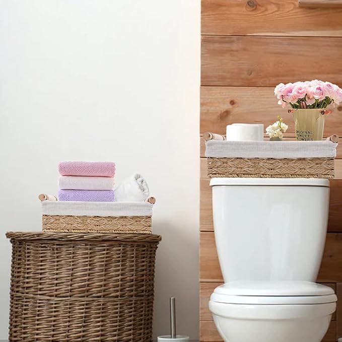 Round Paper Rope Storage Basket, Wicker Baskets for Organizing with Handle, Decorative Bins for Countertop, Toilet Paper Basket for Toilet Tank Top, Small Baskets Set (Set of 2,Beige)