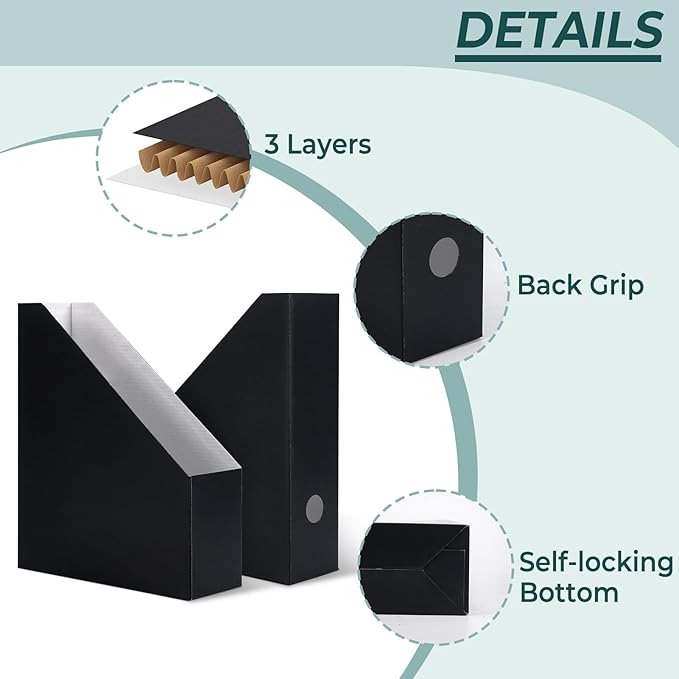 EXYGLO 6 Pack Black Magazine File Holder, Cardboard Magazine Rack with Label, Foldable Storage Organizer Box for Book, Documents, 10x3.3x12 Inches