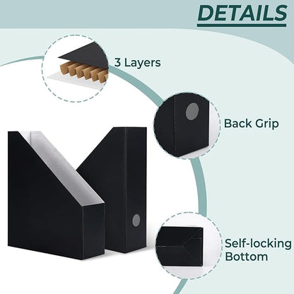 EXYGLO 6 Pack Black Magazine File Holder, Cardboard Magazine Rack with Label, Foldable Storage Organizer Box for Book, Documents, 10x3.3x12 Inches