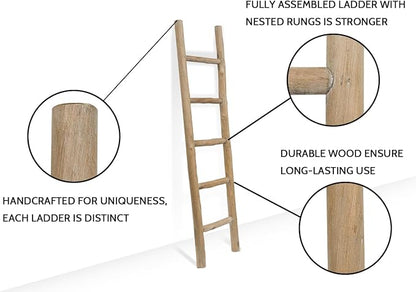 FUIN Fully Assembled 57in Wood Blanket Ladder Living Room Decorative Wall Leaning Farmhouse Quilt Display Holder Rustic Wooden Towel Rack for Bathroom