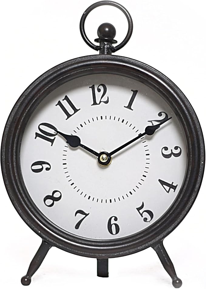 MACVAD Vintage Black Table Clock on Stand, Decorative Desk and Shelf Clock, Rustic Mantel Clock Farmhouse Clock Non-Ticking