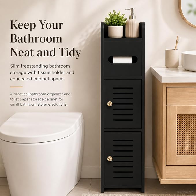 Toilet Paper Holder Stand, Small Bathroom Storage Cabinet with Doors and Toilet Paper Storage, Slim Floor Standing Shelf for Small Spaces,Toilet Storage Cabinet for Bathroom,Black