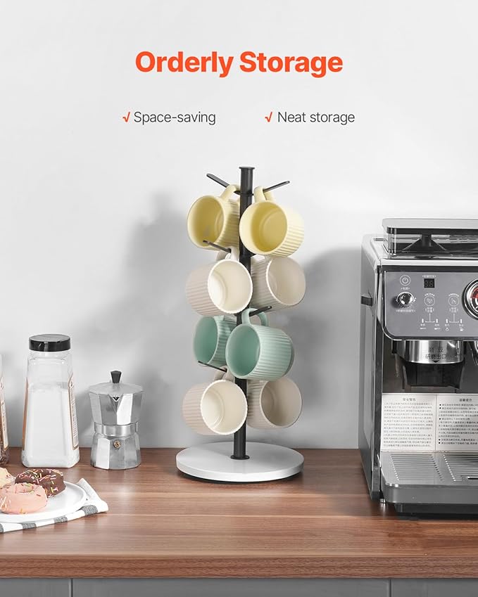 VEVOR Mug Holder Tree with Marble Base, 8 Hooks Coffee Cup Holder for Counter, Carbon Steel Mug Tree Cup Rack Stand, Upgraded Coffee Cup Tree for Coffee Bar Kitchen Home Organizer