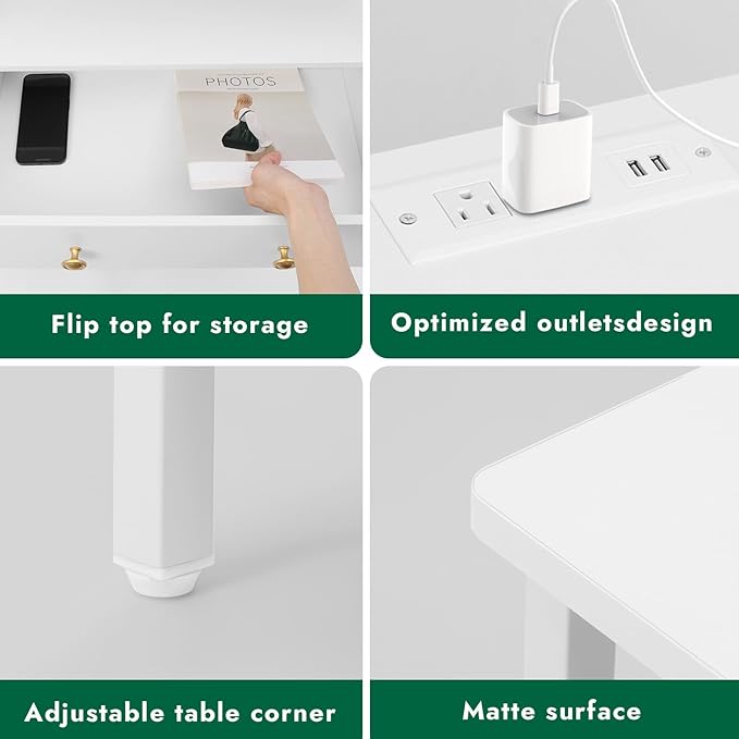 27 Inch Wide Night Stand, Large Wood Night Stand with 2 Drawers, LED Nightstand with Charging Station and Adjustable Drawer, Bedside Table for Living Room/Bedroom/Study/Office, White.