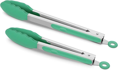 2 Pack Silicone Kitchen Tongs – 9" & 12" Set, Heat Resistant up to 500°F, Non‑Stick Cookware Safe, Wavy Silicone Tips, BPA Free, Locking Clip & Hanging Loop, Turquoise