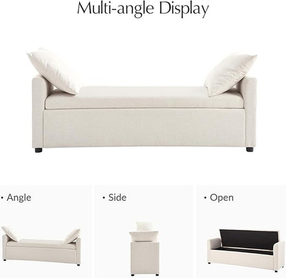 HULALA HOME Modern Storage Bench with Throw Pillows, 59.4" Extra Long Bedroom Ottoman Bench for End of Bed, Comfy Upholstered Footstool for Entryway Living Room Dining Room, Linen