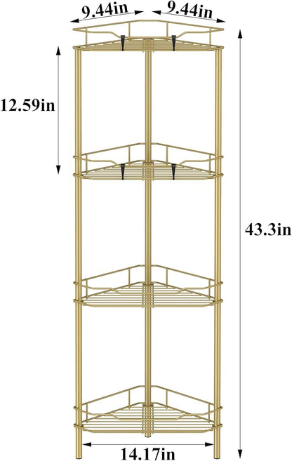 4 Tier Floor Standing Corner Shower Caddy Organizer Shelf with Hooks, Bathroom Shelves Stand Rack, Gold