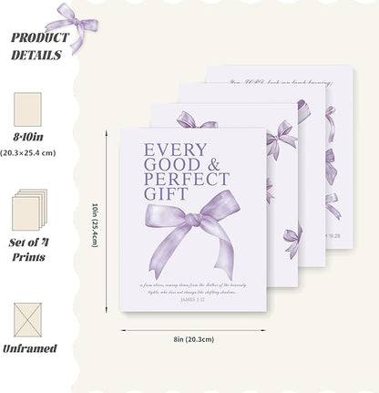 LARTSFRO Coquette Purple Bow Wall Art Decor Posters, Purple Bow Christian Room Bedroom Bathroom Dorm Wall Art Decor for College Teen Girls Kids Gifts, Inspirational Bible Verses Bow Wall Decor, 10x8 Inch Set of 4 Pcs Bow Pictures (UNFRAMED)