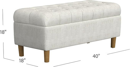 Homepop Home Decor | Tufted Ainsley Button Storage Ottoman Bench with Hinged Lid | Ottoman Bench with Storage for Living Room & Bedroom, Cream Textured Solid