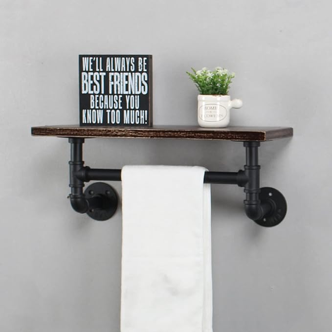 Industrial Pipe Shelf Bathroom Shelves Wall Mounted,19.6in Rustic Wood Shelf with Towel Bar,1 Tier Farmhouse Towel Rack Over Toilet,Pipe Shelving Floating Shelves Towel Holder,Retro Black