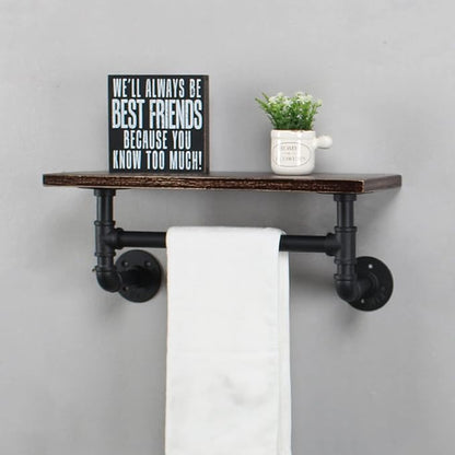 Industrial Pipe Shelf Bathroom Shelves Wall Mounted,19.6in Rustic Wood Shelf with Towel Bar,1 Tier Farmhouse Towel Rack Over Toilet,Pipe Shelving Floating Shelves Towel Holder,Retro Black