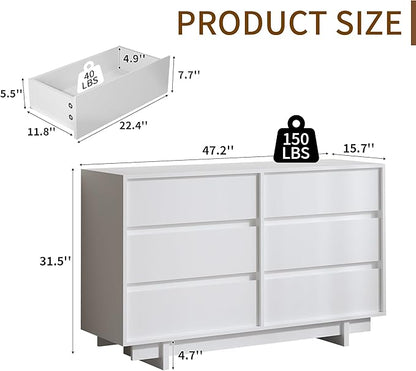 47" Wide Dresser for Bedroom with 6 Drawers,White Modern Dressers Chest of Drawers,Wooden TV Stand,Closet Clothes Organizer for Bedroom,Hallway