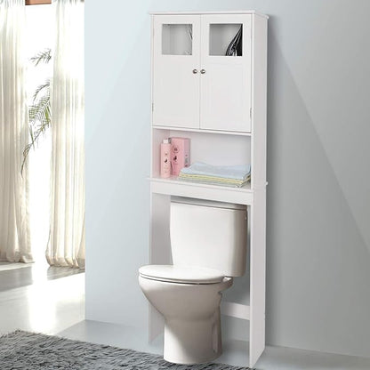 VINGLI Over The Toilet Storage Cabinet White Bathroom Storage Organizer Above The Toilet Shelf with Acrylic Glass Double Doors Wood Muebles para BañO Rack with Adjustable Shelf