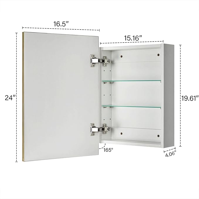TEHOME 16.5'' x 24'' Brushed Gold Recessed and Surface Mount Bathroom Medicine Cabinet with Mirror Brushed Gold Square Cornered Metal Framed Rounded Rectangle Medicine Cabinet Mirror