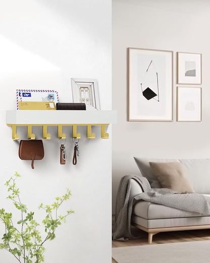 Key Holder Wall Mount Adhesive Magnetic - Hanging Key Hooks with Mail Organizer Tray for Wallet House - Keys Hanger Rack with Shelf for Camper Entryway Door Home Living Room Decor Large Gold White