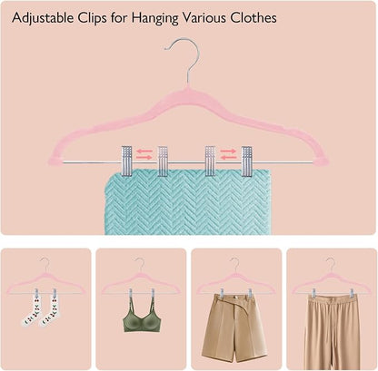 ManGotree Pants Hangers with Movable Clips, Non-Slip Velvet Skirt Hangers, Space-Saving Clothes Hangers for Pants, Skirts, Shirts, Coats, Dresses (18 Pack, Pink)