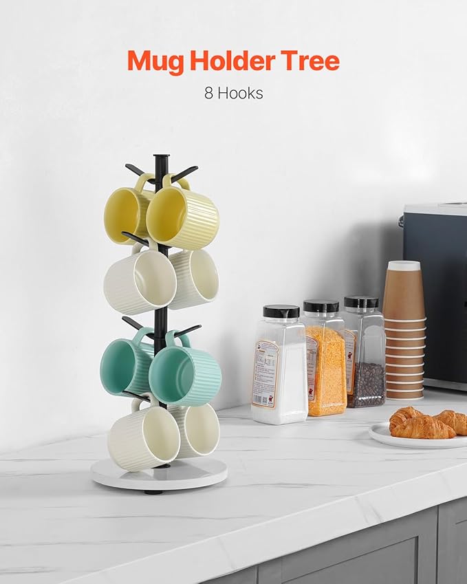 VEVOR Mug Holder Tree with Marble Base, 8 Hooks Coffee Cup Holder for Counter, Carbon Steel Mug Tree Cup Rack Stand, Upgraded Coffee Cup Tree for Coffee Bar Kitchen Home Organizer