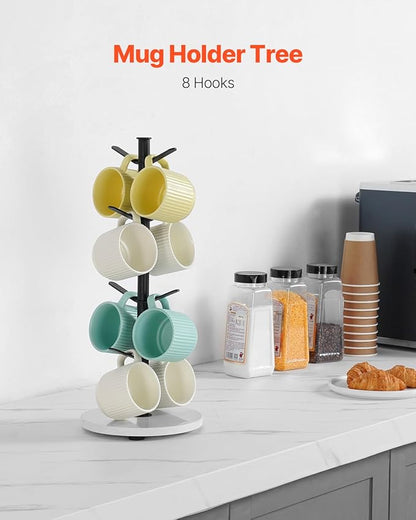 VEVOR Mug Holder Tree with Marble Base, 8 Hooks Coffee Cup Holder for Counter, Carbon Steel Mug Tree Cup Rack Stand, Upgraded Coffee Cup Tree for Coffee Bar Kitchen Home Organizer