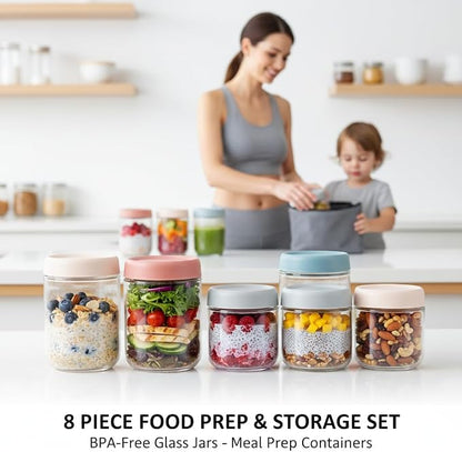 ColoVie Glass Meal Prep Jar Set, 8 Pack Overnight Oats Containers with Lids | Food Storage for Snacks, Yogurt, Spice, Salad, Chia Seed Pudding Jars, Wide Mouth Mason Jars with Airtight Lids, 16oz 10oz