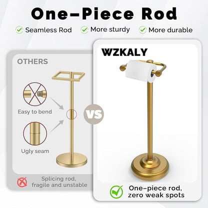 Toilet Paper Holder Stand, Brushed Brass Toilet Paper Holder Free Standing, Post Pivoting Design & Stable Weighted Base SUS304 Stainless Steel for Bathroom(Mega Roll)