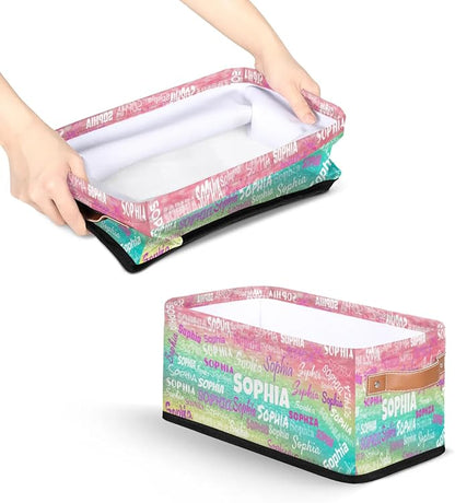 Custom Small Storage Basket Name, Rectangular Storage Bins Handles Organizing Girls Pets Toys Clothes Books for Countertop Toilet Paper Basket Closet Shelf, Pink Yellow Turquoise Glittering