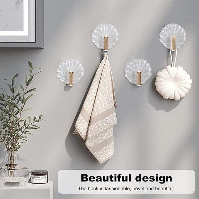 8PCS Shell Clear Adhesive Hooks - No Drill Removable Waterproof for Bathroom, Shower, Kitchen, Reusable Transparent Damage-Free Towels, Bath Sponges & Small Items (Space-Saving)