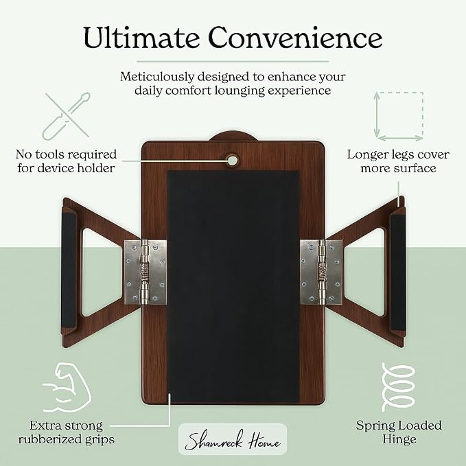 Shamrock Home Bamboo Couch Arm Table with Device Holder, Clip On Tray. for TV Dinners, Remotes, Drinks, Snacks and Small Spaces (Rectangular with Device Holder, Brown, Regular 13.75 x 9.5)