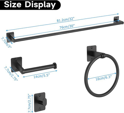 KLJKPA 4 Pieces Bathroom Hardware Set, 32 inch Towel Bar, Matte Black Bathroom Accessories Set, Towel Racks for Bathroom, Robe Towel Hooks, Toilet Paper Holder Wall Mounted