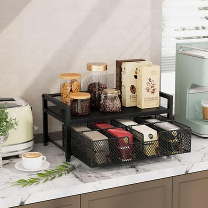 Tea Bag Organizer, Tea Bag Holder with Drawer, Wood and Metal Tea Organizers and Storage Chest for Countertop Kitchen, Office, Black