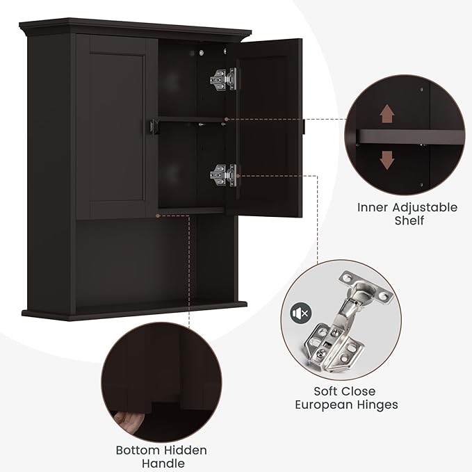 Bathroom Wall Cabinet, Over The Toilet Storage Cabinet Wall Mounted Medicine Cabinet with Build-in Spirit Level Cupboard Adjustable Shelves for Bathroom Laundry Room Kitchen, Espresso
